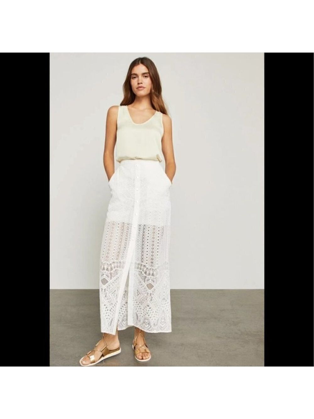 BCBGMaxAzria Harper Off White Lace Boho Button Maxi Skirt Size 0